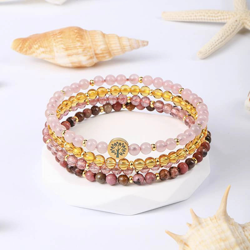 4-in-1 Energy Bracelet with Rose Quartz, Citrine, Strawberry Crystal, and Tree of Life charm by Roline Crystal