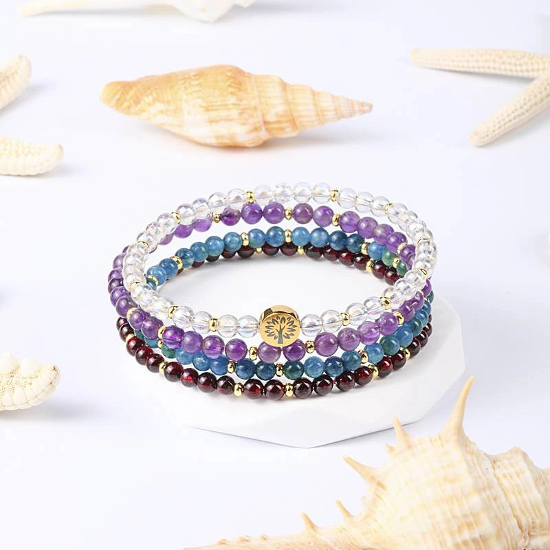 4-in-1 Health & Wellness Energy Bracelet with Clear Quartz, Amethyst, and Tree of Life charm by Roline Crystal