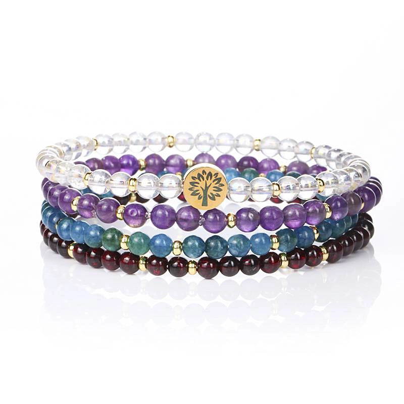 4-in-1 Health & Wellness Energy Bracelet with Clear Quartz, Amethyst, and Tree of Life charm by Roline Crystal
