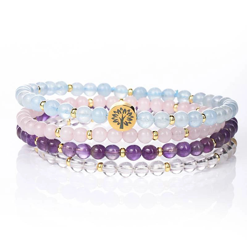 4-in-1 Inner Peace Energy Bracelet with Rose Quartz, Clear Quartz, Amethyst, and Tree of Life charm by Roline Crystal