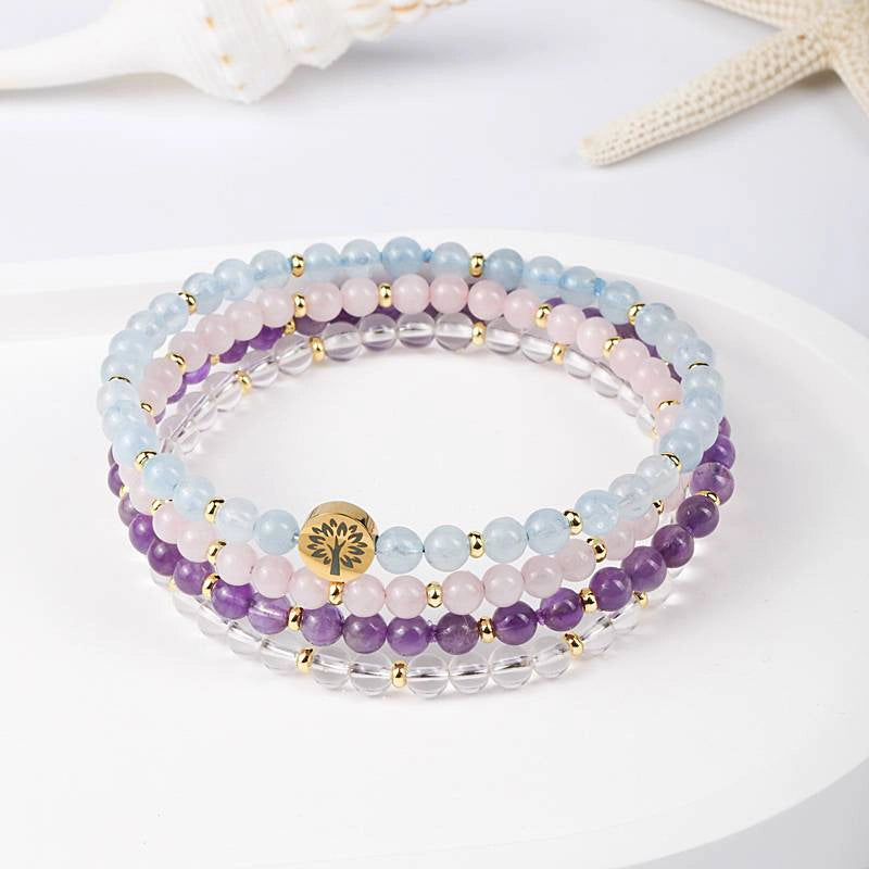 4-in-1 Inner Peace Energy Bracelet with Rose Quartz, Clear Quartz, Amethyst, and Tree of Life charm by Roline Crystal
