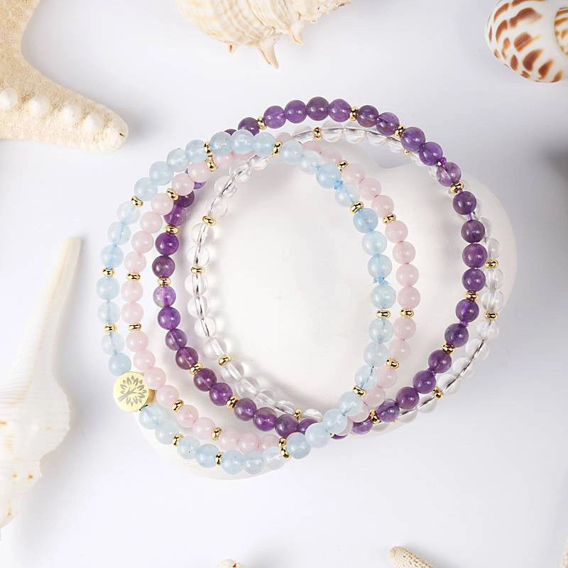 4-in-1 Inner Peace Energy Bracelet with Rose Quartz, Clear Quartz, Amethyst, and Tree of Life charm by Roline Crystal