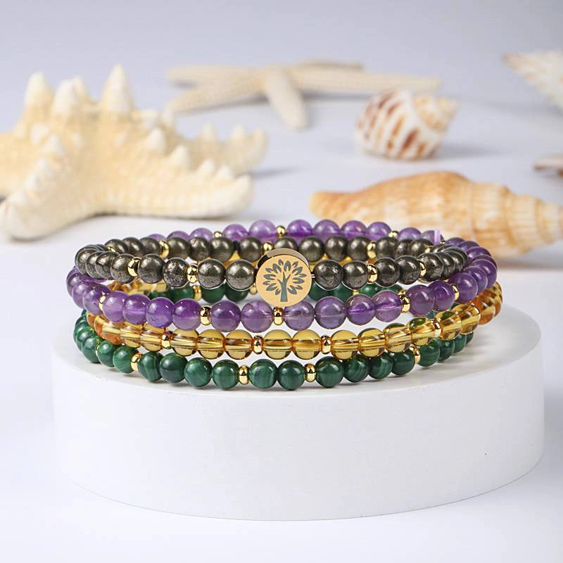 4-in-1 Wealth & Abundance Energy Bracelet with Citrine, Malachite, and Tree of Life charm by Roline Crystal