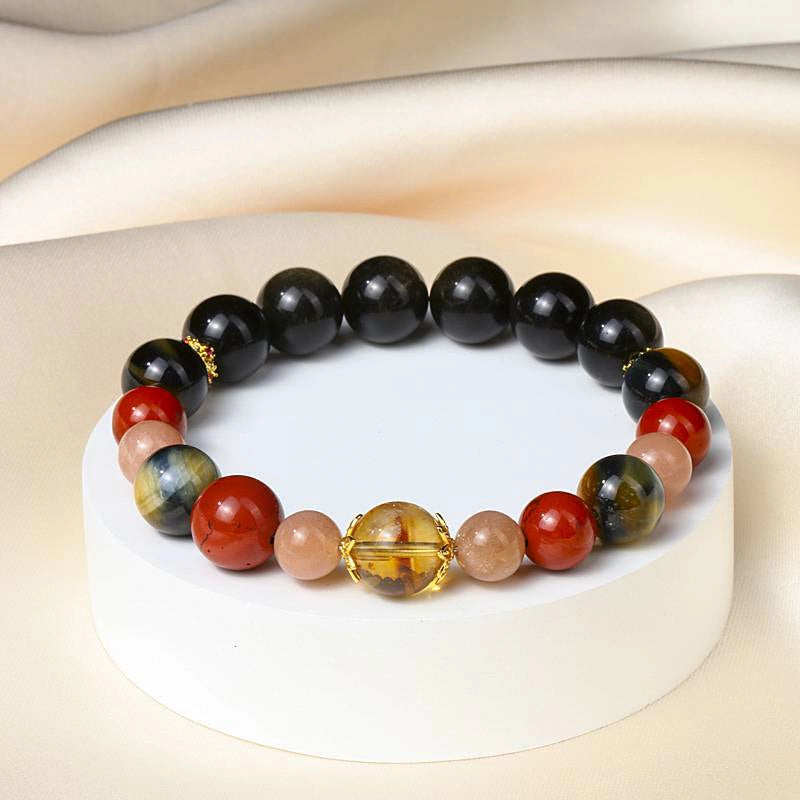 Monet Giverny Garden-inspired Obsidian bracelet with Tiger Eye, Red Jade, Citrine, and gold accents by Roline Crystal