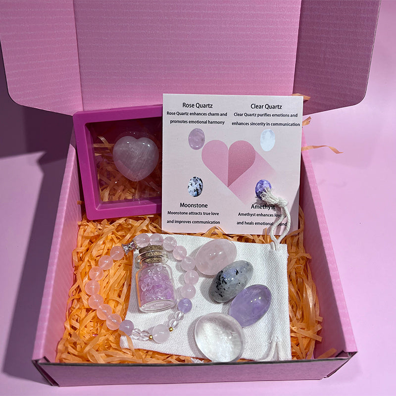 Natural crystal set: the love protection of witch magic, let love and care accompany you,pink quartz, white quartz, moonstone and amethyst