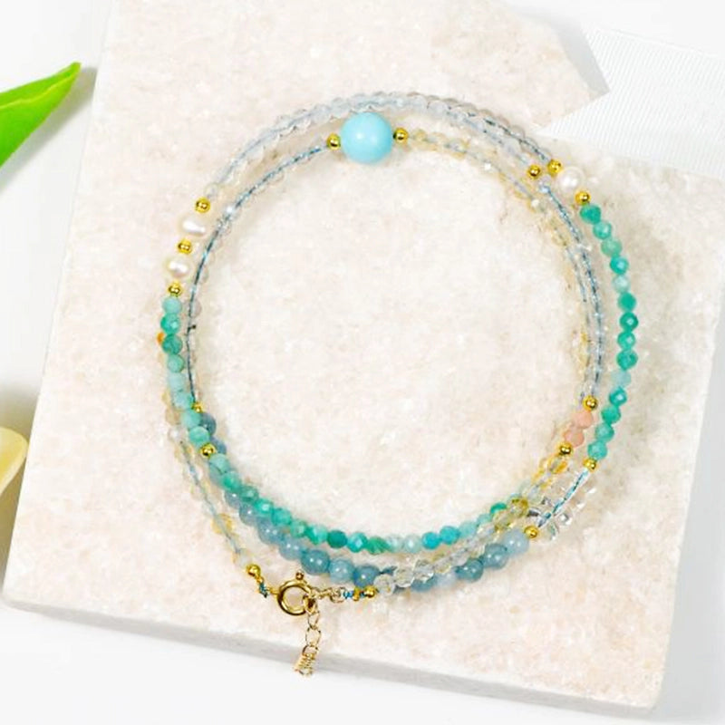 Adjustable Amazonite and Aquamarine bracelet convertible to a necklace by Roline Crystal