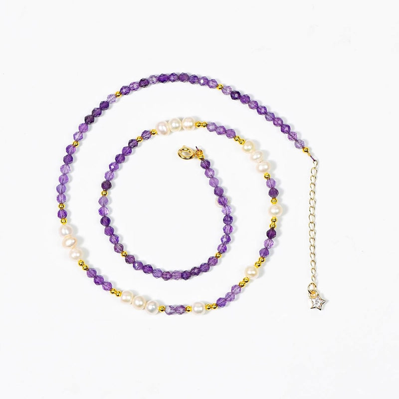 Amethyst faceted bracelet with pearls, convertible to a necklace by Roline Crystal