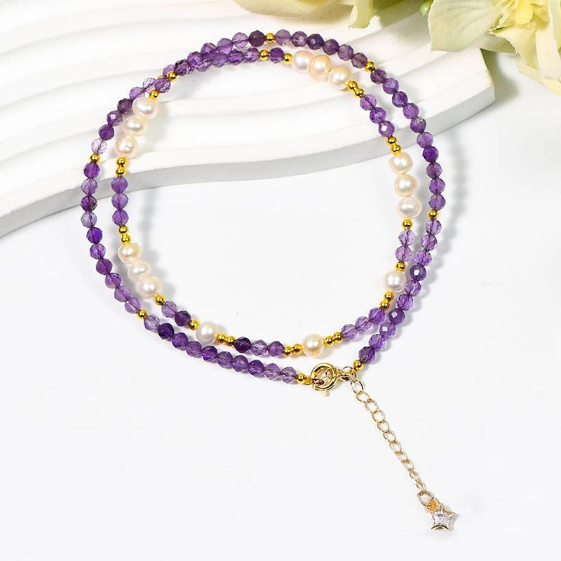 Amethyst faceted bracelet with pearls, convertible to a necklace by Roline Crystal