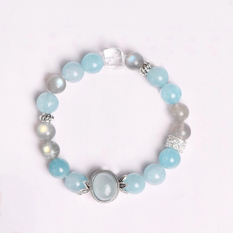 Aquamarine bracelet with Grey Moonstone, Clear Quartz, and silver accents – calming crystal jewelry by Roline Crystal