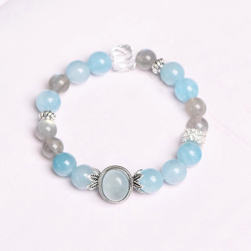 Aquamarine bracelet with Grey Moonstone, Clear Quartz, and silver accents – calming crystal jewelry by Roline Crystal
