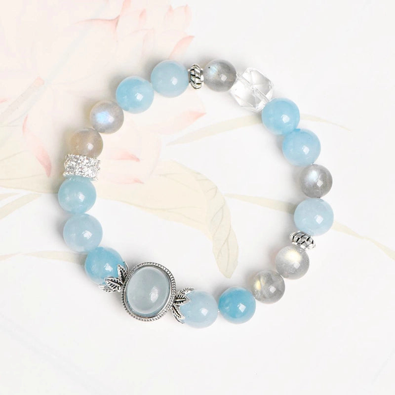 Aquamarine bracelet with Grey Moonstone, Clear Quartz, and silver accents – calming crystal jewelry by Roline Crystal