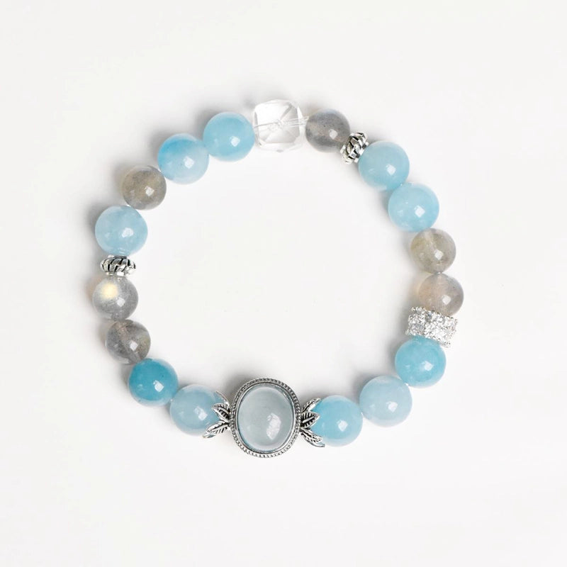 Aquamarine bracelet with Grey Moonstone, Clear Quartz, and silver accents – calming crystal jewelry by Roline Crystal