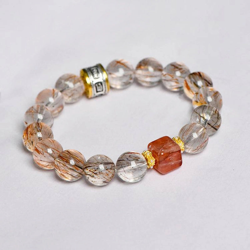 Black Gold Super 7 bracelet with Red Hematoid Quartz and gold accents by Roline Crystal