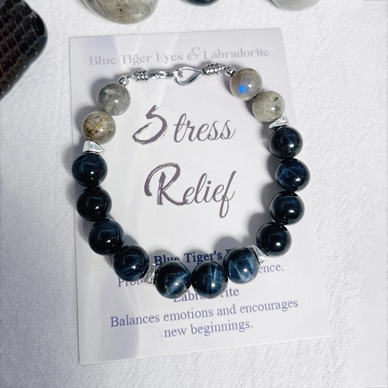 Blue Tiger’s Eye bracelet with Labradorite and silver accents – calming crystal jewelry by Roline Crystal