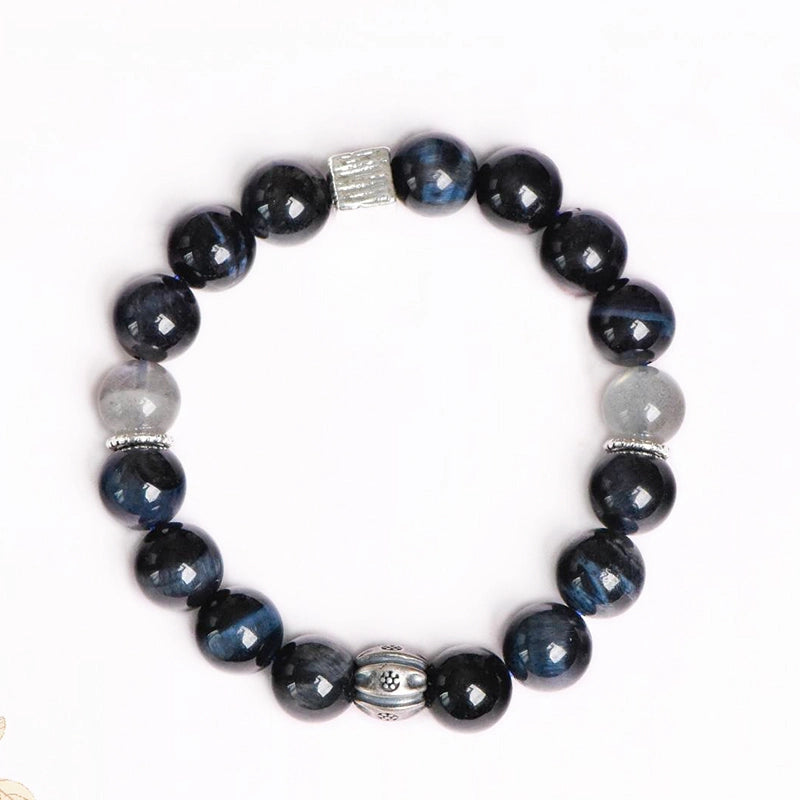 Blue Tiger's Eye bracelet with grey moonstone and silver accents by Roline Crystal