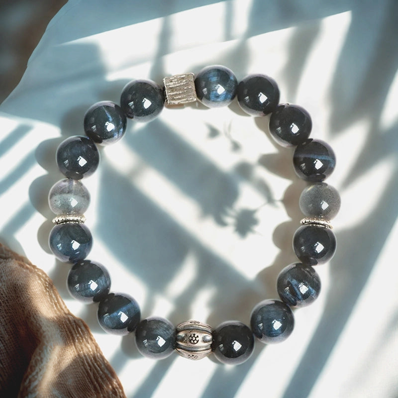 Blue Tiger's Eye bracelet with grey moonstone and silver accents by Roline Crystal