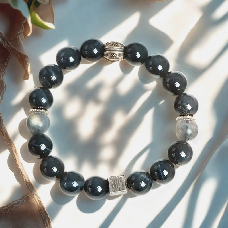 Blue Tiger's Eye bracelet with grey moonstone and silver accents by Roline Crystal