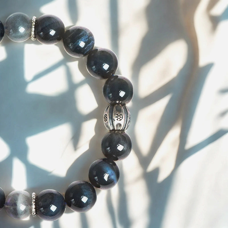 Blue Tiger's Eye bracelet with grey moonstone and silver accents by Roline Crystal