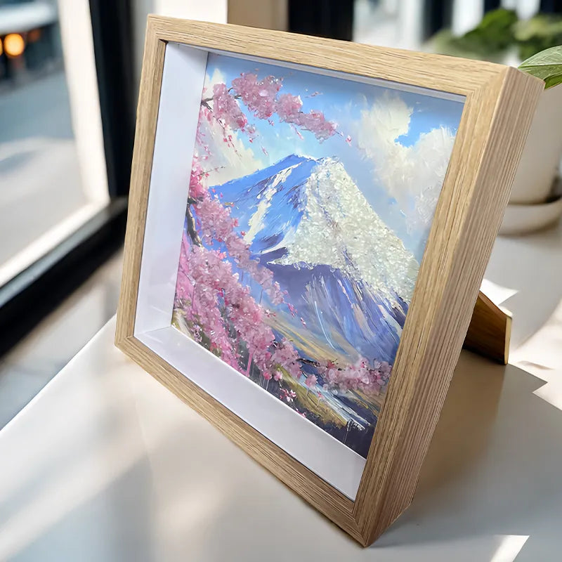Cherry Blossoms and Mount Fuji framed crystal art with Clear Quartz and Rose Quartz by Roline Crystal