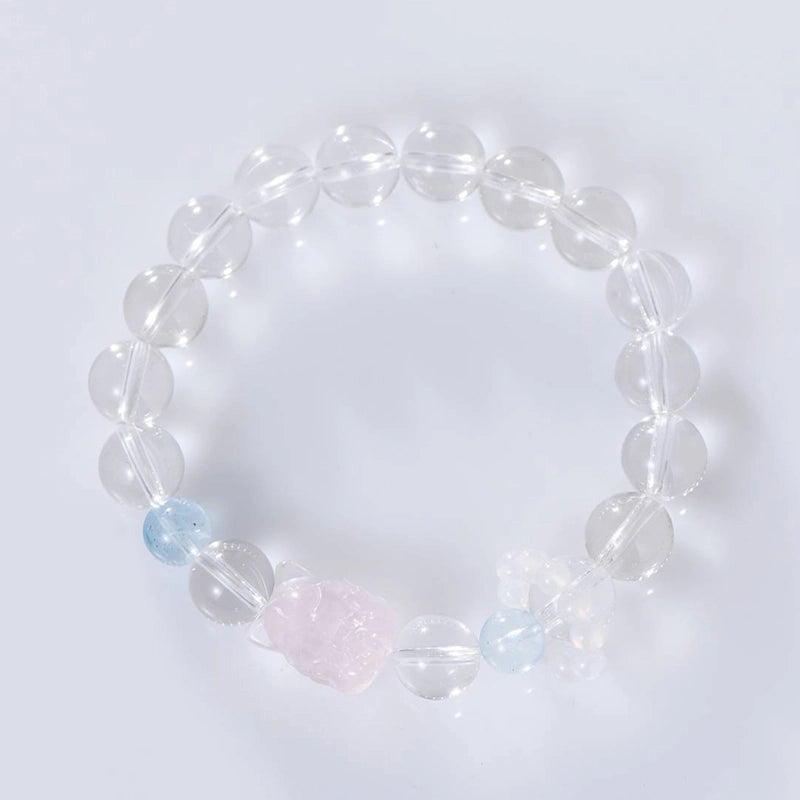 Clear Quartz bracelet with Aquamarine, Rose Quartz fox charm, and White Agate beads by Roline Crystal