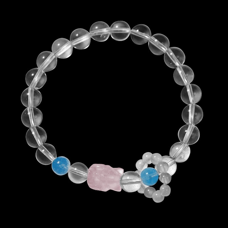 Clear Quartz bracelet with Aquamarine, Rose Quartz fox charm, and White Agate beads by Roline Crystal