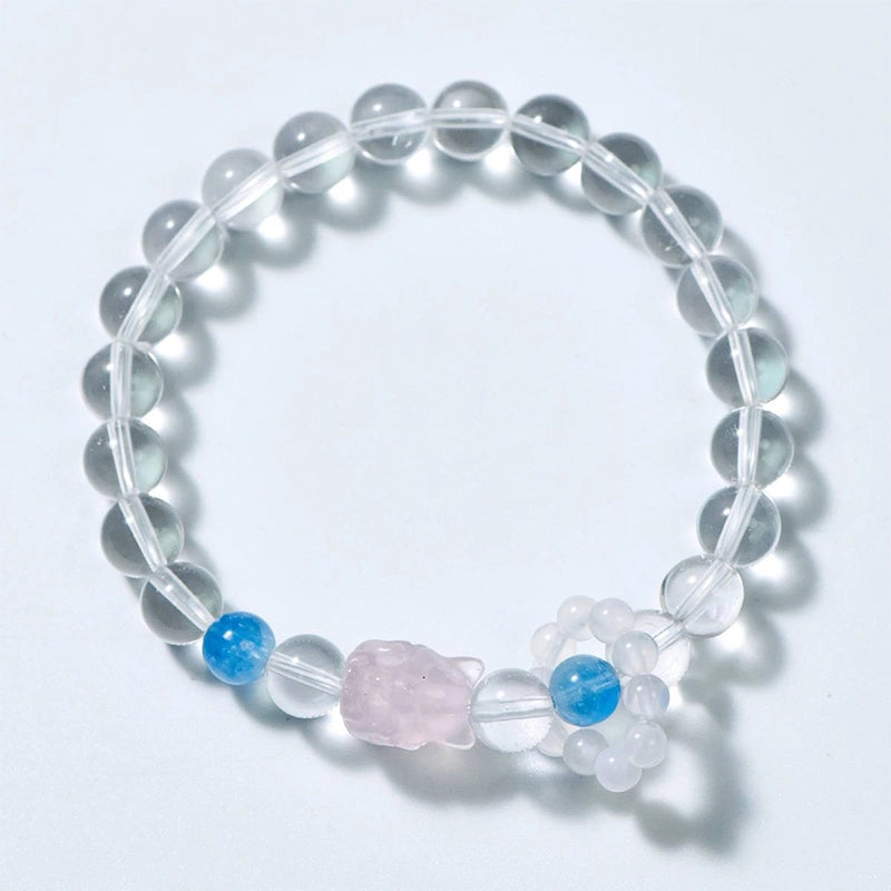 Clear Quartz bracelet with Aquamarine, Rose Quartz fox charm, and White Agate beads by Roline Crystal