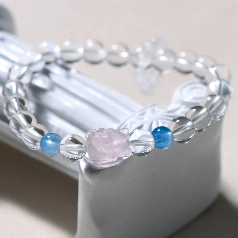 Clear Quartz bracelet with Aquamarine, Rose Quartz fox charm, and White Agate beads by Roline Crystal