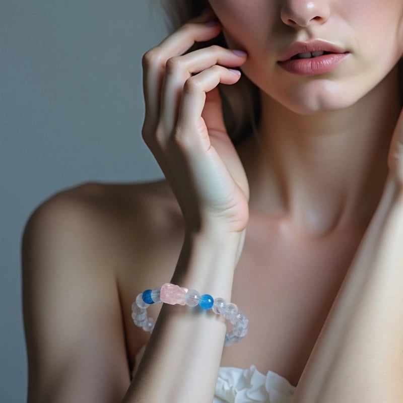Clear Quartz bracelet with Aquamarine, Rose Quartz fox charm, and White Agate beads by Roline Crystal