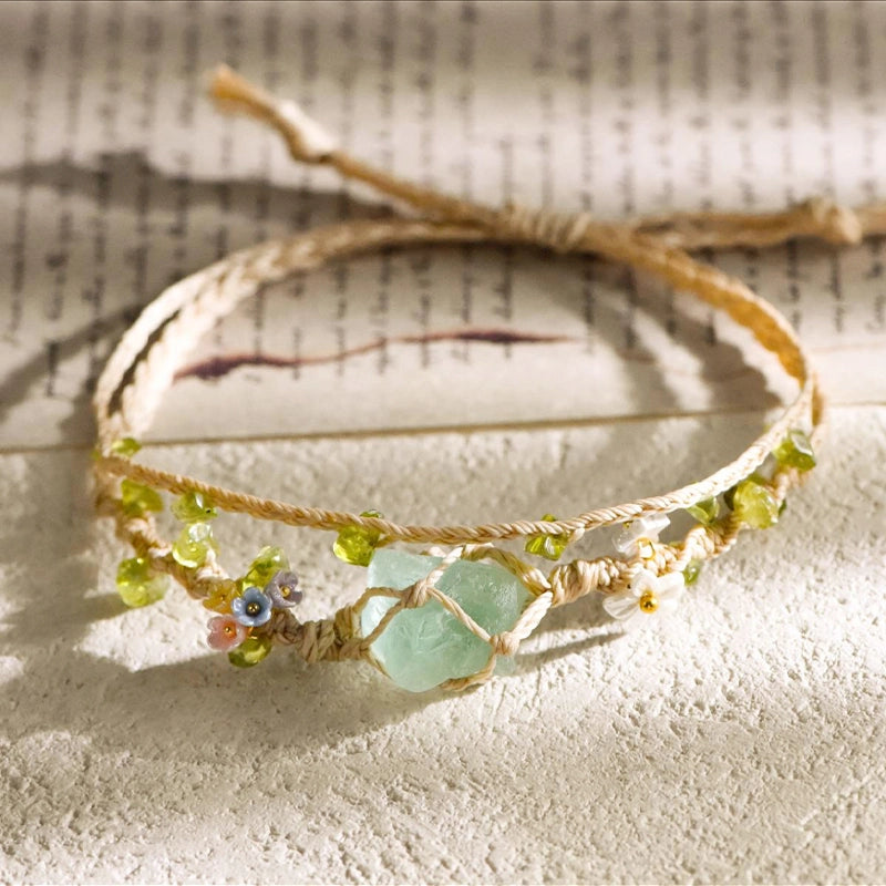 Double-circle knitted raw stone bracelet with rose quartz, amethyst, citrine, and fluorite by Roline Crystal