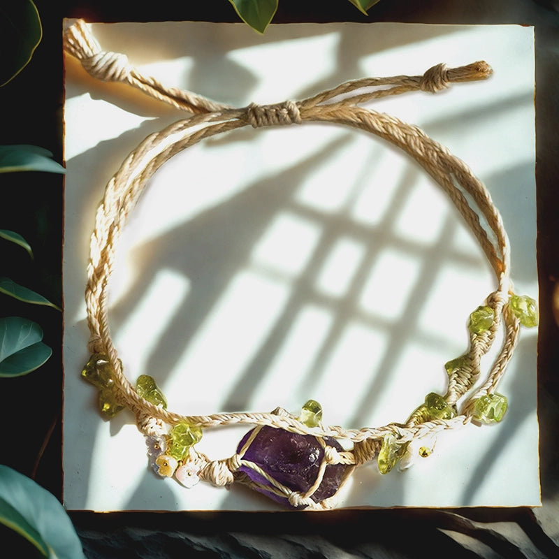 Double-circle knitted raw stone bracelet with rose quartz, amethyst, citrine, and fluorite by Roline Crystal
