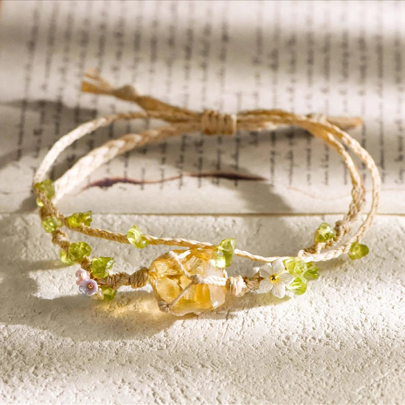 Double-circle knitted raw stone bracelet with rose quartz, amethyst, citrine, and fluorite by Roline Crystal