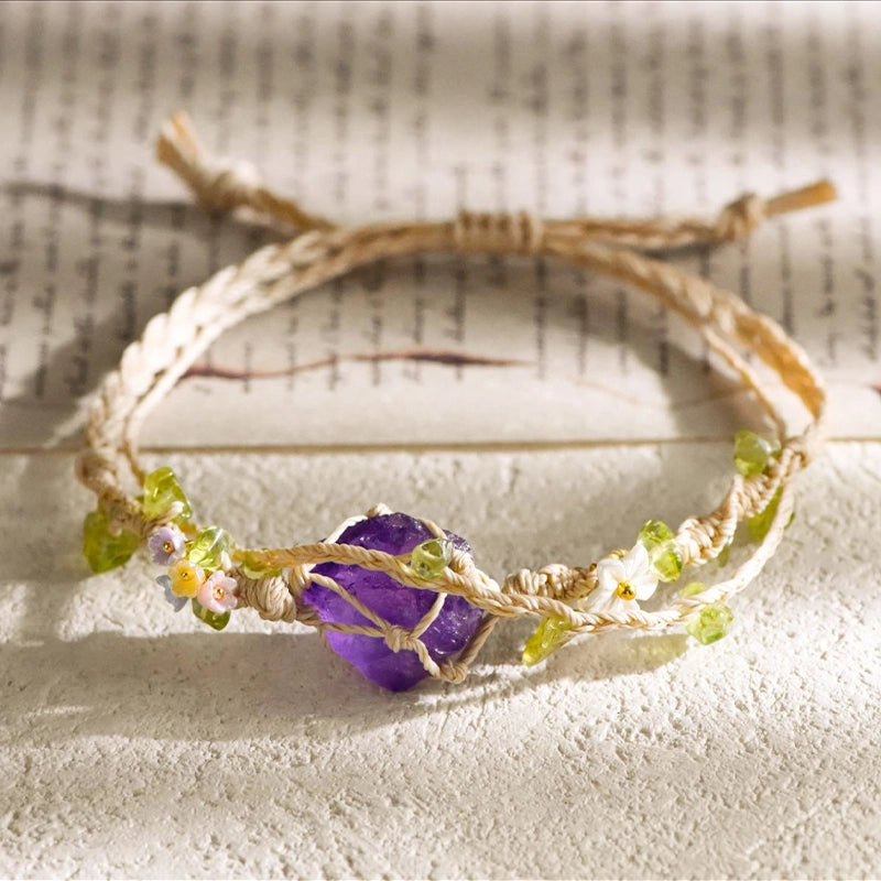 Double-circle knitted raw stone bracelet with rose quartz, amethyst, citrine, and fluorite by Roline Crystal