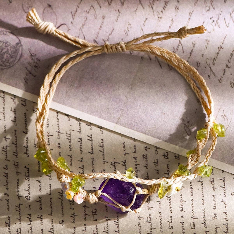 Double-circle knitted raw stone bracelet with rose quartz, amethyst, citrine, and fluorite by Roline Crystal