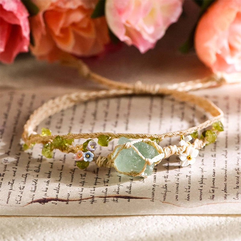 Double-circle knitted raw stone bracelet with rose quartz, amethyst, citrine, and fluorite by Roline Crystal