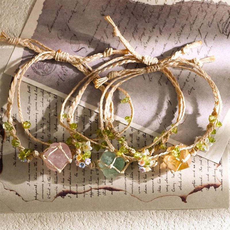 Double-circle knitted raw stone bracelet with rose quartz, amethyst, citrine, and fluorite by Roline Crystal