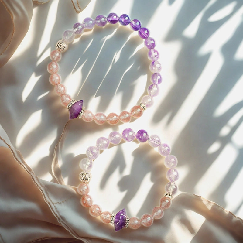 Double-pointed Strawberry Crystal and Amethyst bracelet with geometric design by Roline Crystal