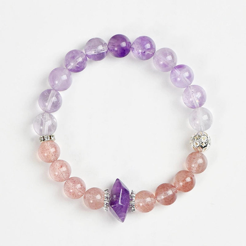 Double-pointed Strawberry Crystal and Amethyst bracelet with geometric design by Roline Crystal