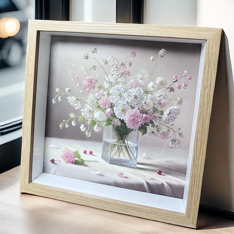 Flower-themed framed crystal art with Clear Quartz and Rose Quartz by Roline Crystal