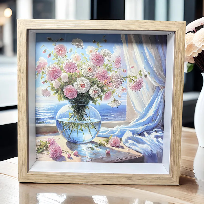 Flower-themed framed crystal art with Clear Quartz and Rose Quartz by Roline Crystal