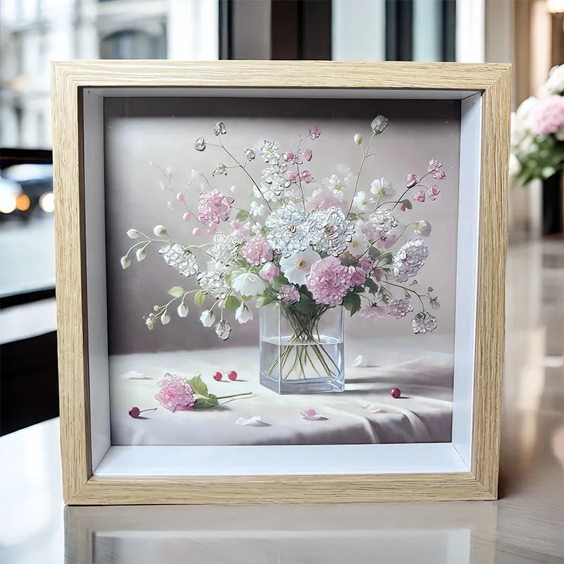 Flower-themed framed crystal art with Clear Quartz and Rose Quartz by Roline Crystal