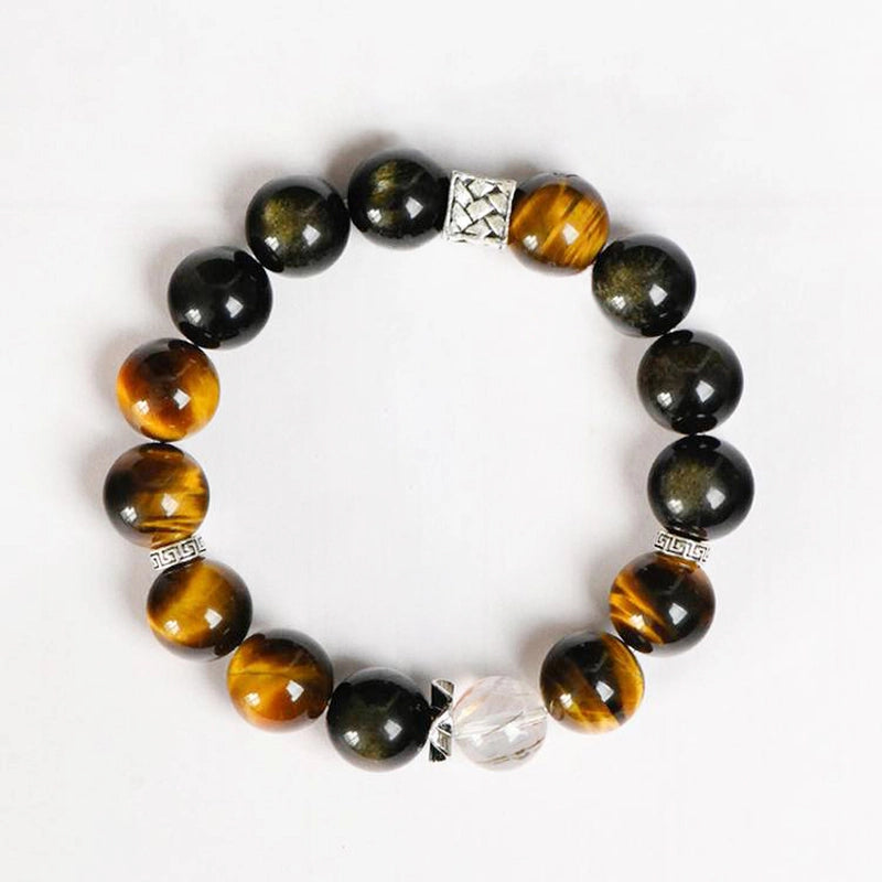 Golden Sheen Obsidian bracelet with Black Gold Super 7, Yellow Tiger’s Eye, and silver accents by Roline Crystal