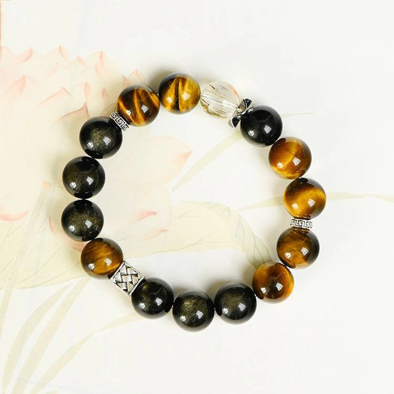 Golden Sheen Obsidian bracelet with Black Gold Super 7, Yellow Tiger’s Eye, and silver accents by Roline Crystal