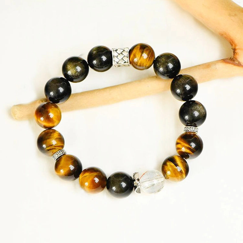 Golden Sheen Obsidian bracelet with Black Gold Super 7, Yellow Tiger’s Eye, and silver accents by Roline Crystal
