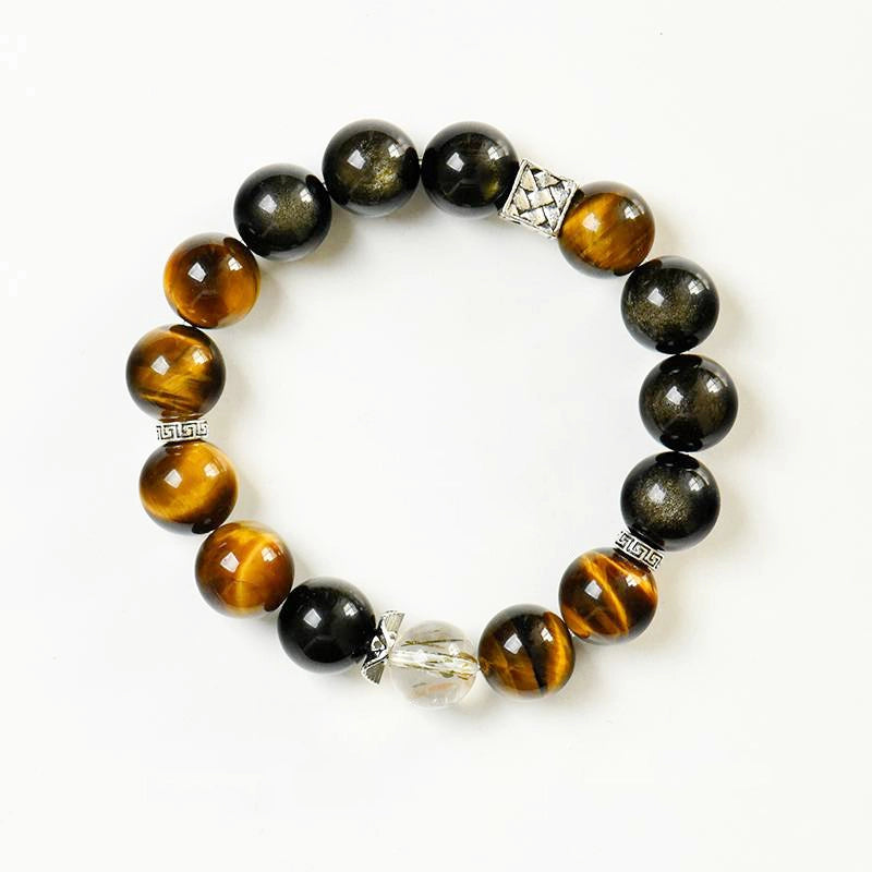 Golden Sheen Obsidian bracelet with Black Gold Super 7, Yellow Tiger’s Eye, and silver accents by Roline Crystal