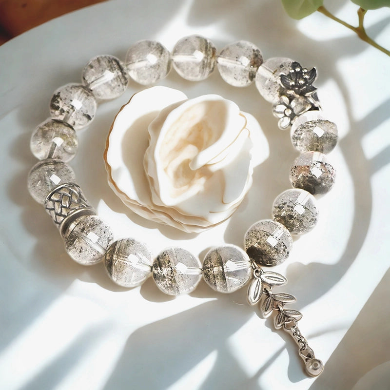 Green Phantom Quartz bracelet with silver leaf accents by Roline Crystal