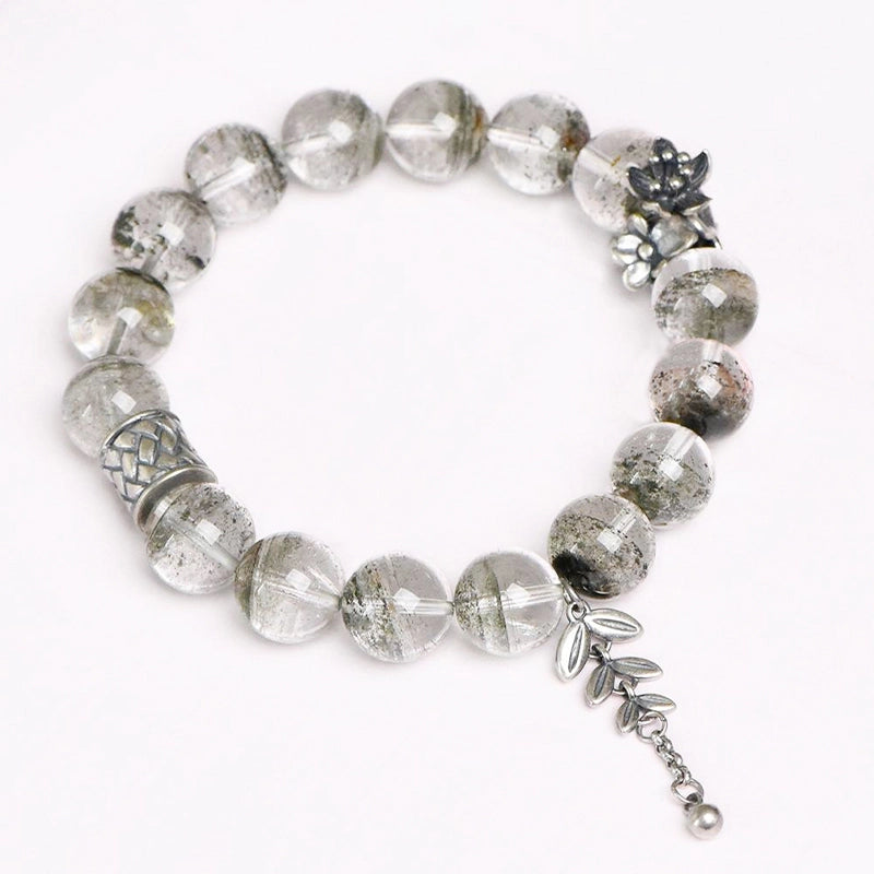 Green Phantom Quartz bracelet with silver leaf accents by Roline Crystal
