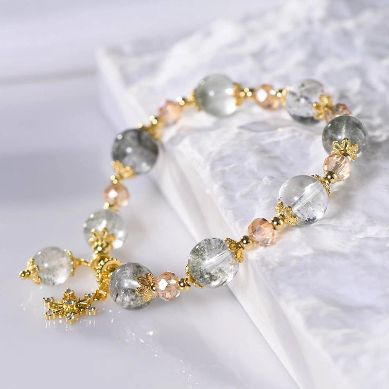Green Phantom Quartz bracelet with snowflake gold charms by Roline Crystal