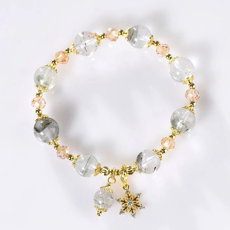 Green Phantom Quartz bracelet with snowflake gold charms by Roline Crystal