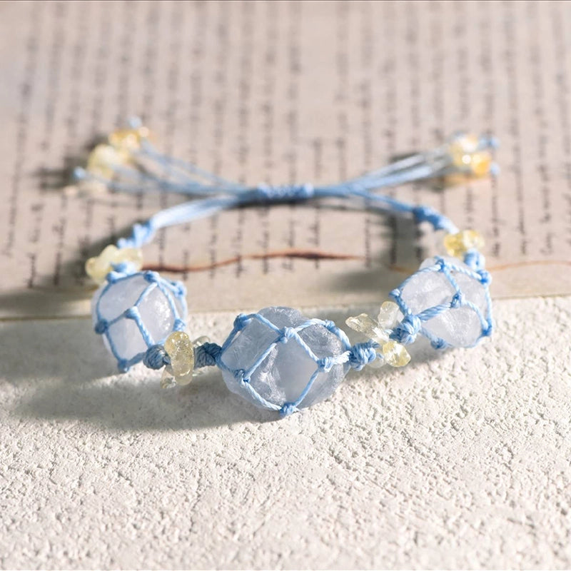 Hand-woven 3 raw stone bracelet with fluorite, amethyst, and citrine crystals by Roline Crystal