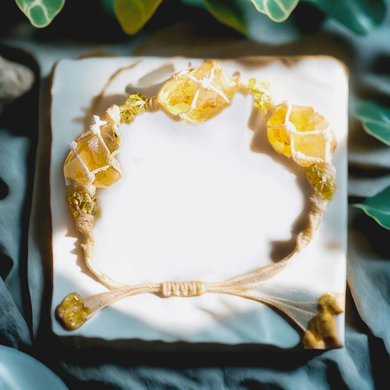 Hand-woven 3 raw stone bracelet with fluorite, amethyst, and citrine crystals by Roline Crystal